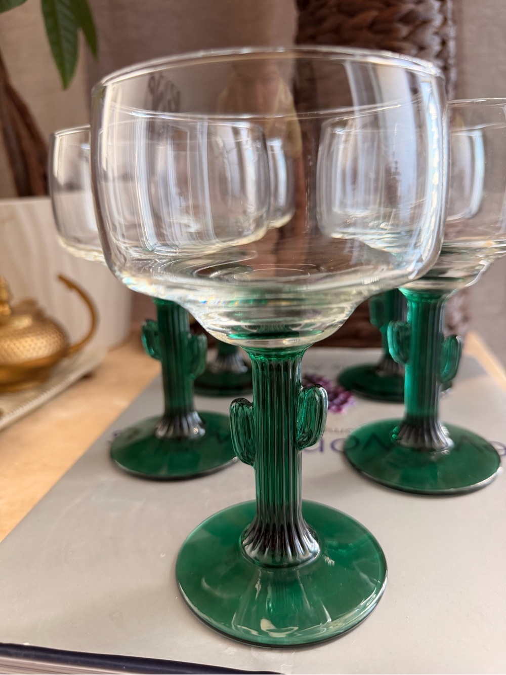 Libbey Green Cactus Stem Goblet Glasses - Set of 5